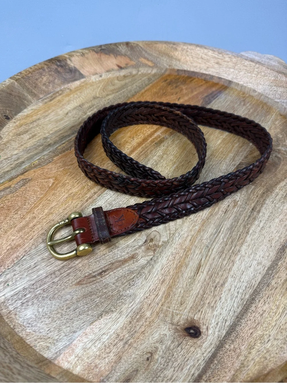 Calvin Klein Braided Brown Leather Belt Size 34 Brass Buckle